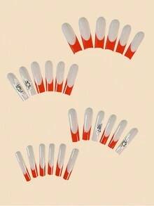 棺材形狀多彩壓克力指甲,配有花卉圖案和鑽石,紅色指尖,附帶1個指甲檔和1個果凍膠,可重複使用,適用於女士和女孩日常生活和派對 - 彩色 - 查看 2