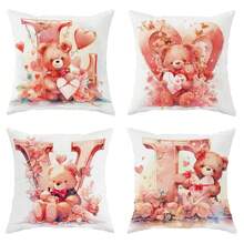 4入組小熊愛心粉色情人節抱枕套,情人節可愛現代浪漫抱枕套,絲絨45*45公分/18"*18"裝飾靠墊套,適用於家居裝飾派對禮物,客廳/臥室/沙發/床裝飾 - 粉色 - 查看 1