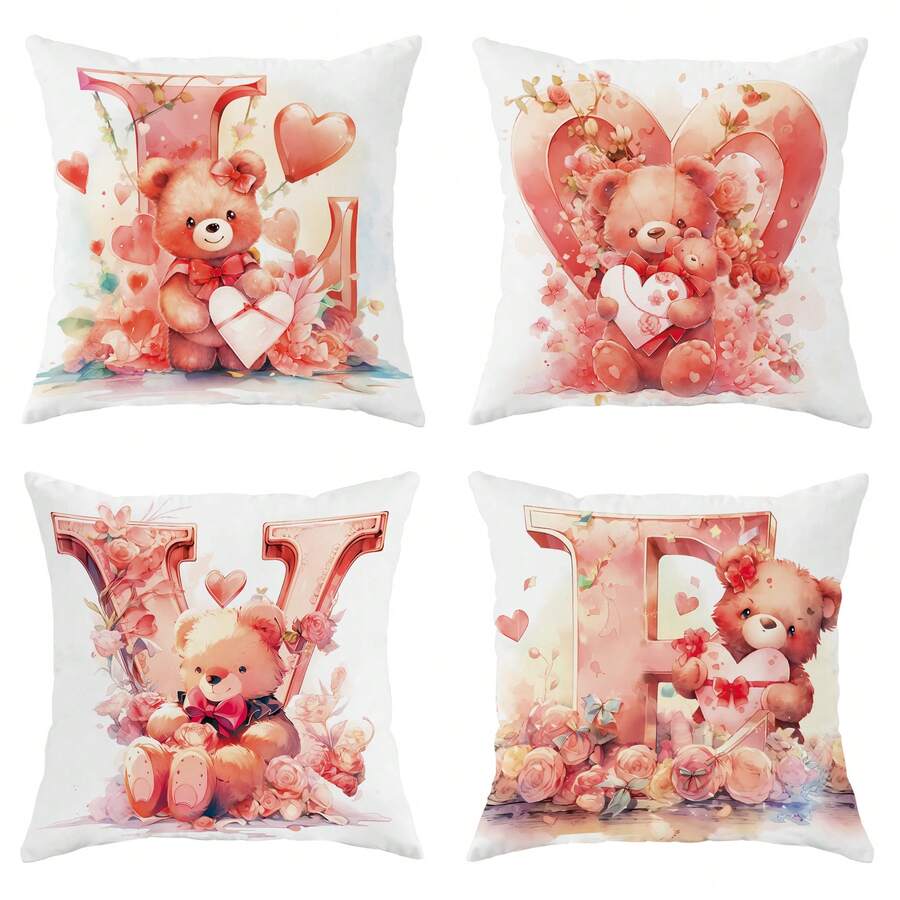4入組小熊愛心粉色情人節抱枕套,情人節可愛現代浪漫抱枕套,絲絨45*45公分/18"*18"裝飾靠墊套,適用於家居裝飾派對禮物,客廳/臥室/沙發/床裝飾 - 粉色 - 查看 1