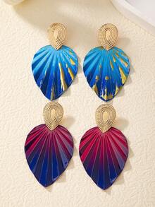 1pair Fashionable Gradient Color Leaf Shape Pleated Earrings, Suitable For Women's Daily Wear - Blue - View 2