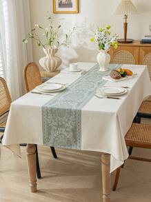 1pc White & Green Jacquard Water Repellent Tablecloth, Polyester Fabric, Rectangular Or Square, Suitable For Restaurant, Living Room, Dining Table Decor, Machine Washable - Green - View 8