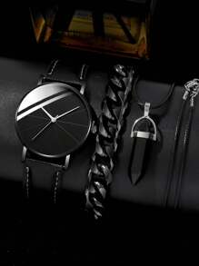 3 件装时尚商务圆形男士皮带石英手表带链条手链+项链组合套装作为学生返校礼物 - 黑色 - 查看 1