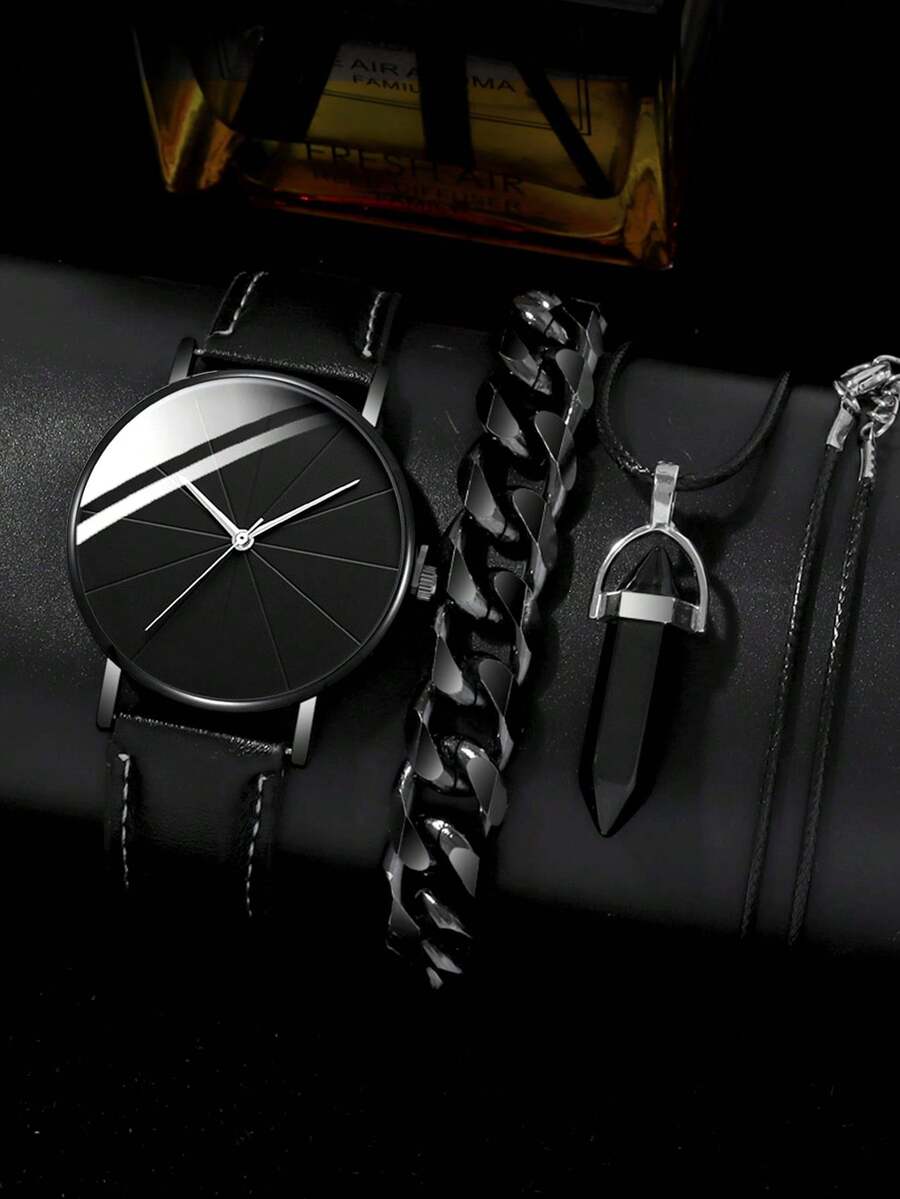 3 件装时尚商务圆形男士皮带石英手表带链条手链+项链组合套装作为学生返校礼物 - 黑色 - 查看 1