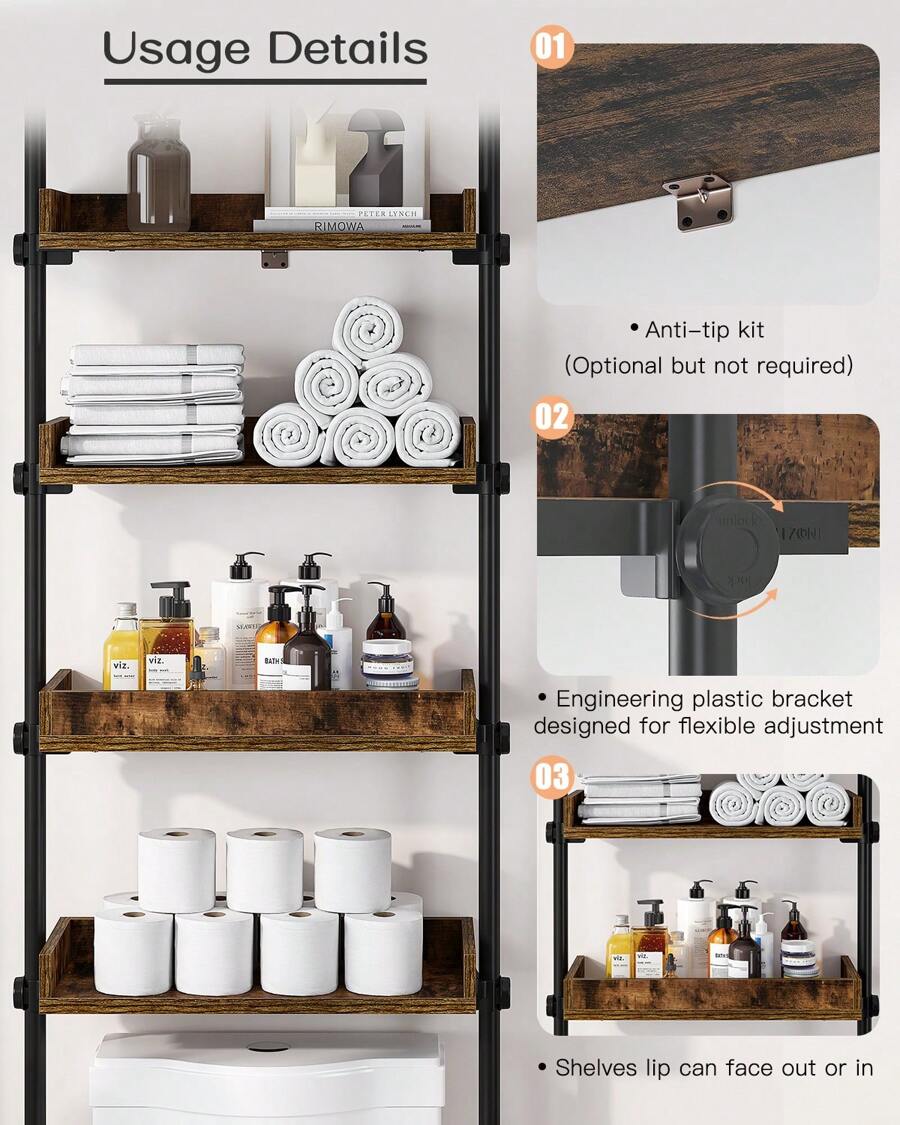 ALLZONE Over The Toilet Storage, 4Tier Adjustable Wood Shelves For