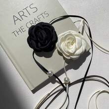 1條法式復古玫瑰花帶珍珠串珠頸鍊 - 黑色 - 查看 2