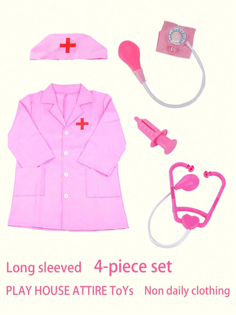 4pcs Doctor Role Play Costume Set In Pink(Long Sleeve Nurse Uniform+Stethoscope+Injection Syringe+Blood Pressure Monitor), Toys For Little Girls Age 3-6 - Pink - View 1