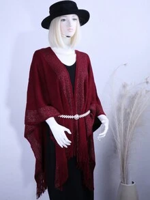 1入組女性萬用針織＆閃亮絲綢裝飾開衩披肩,四季適用 - 綠色 - 查看 5