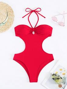 女士時尚halter領一件式泳衣,減肥優雅 - 紅色 - 查看 4