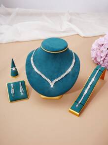 5 Mảnh Bộ Của , Châu Âu và Châu Mỹ Hình-chữ V Chuỗi Dây chuyền , Hoa tai , Nhẫn , Vòng tay , Của phụ nữ Món quà , Thích hợp Đối với Đám cưới , Sinh nhật , Ngày lễ Các bữa tiệc - Bạc - Xem 3