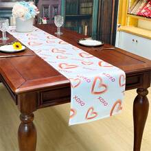 1pc Linen Table Runner With Heart Shaped Red Print, Suitable For Wedding Anniversary, Valentine's Day, Restaurant Decoration, Living Room And Foyer Decoration. Can Be Washed And Reused Multiple Time - Kiss, Hug, Love - View 1