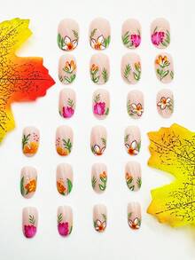 24入組帶有花朵和綠葉設計的短橢圓形美甲貼紙,有光澤的表面,附帶1片果凍膠和1個指甲文件,適用於女性美甲裝飾藝術 - 彩色 - 查看 2