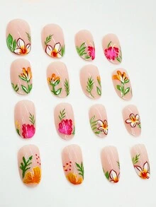 24入組帶有花朵和綠葉設計的短橢圓形美甲貼紙,有光澤的表面,附帶1片果凍膠和1個指甲文件,適用於女性美甲裝飾藝術 - 彩色 - 查看 3