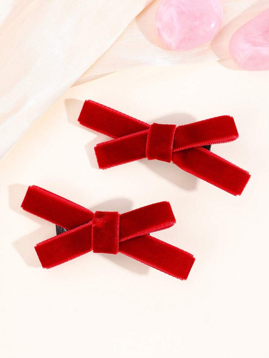 2入組酒紅色高級絲絨女童髮箍,具有全襯內裡的蝴蝶結髮夾,冬季可愛蝴蝶結髮夾,兒童寶寶髮飾 - 酒紅色 - 查看 1