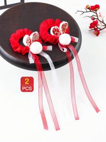 2 件兒童髮飾、紅色絲帶、髮帶和球髮圈 - 紅白色 - 查看 8