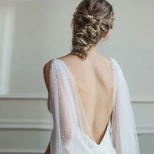 1 件新娘珍珠披肩面纱和拖尾斗篷婚礼配饰女士秋季服装 - 米色 - 查看 2