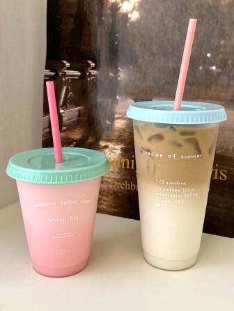 1入紙/糖果色信件咖啡/奶茶杯,簡易吸管設計,高容量水瓶適用於夏季,適合學生、情侶和戶外活動使用