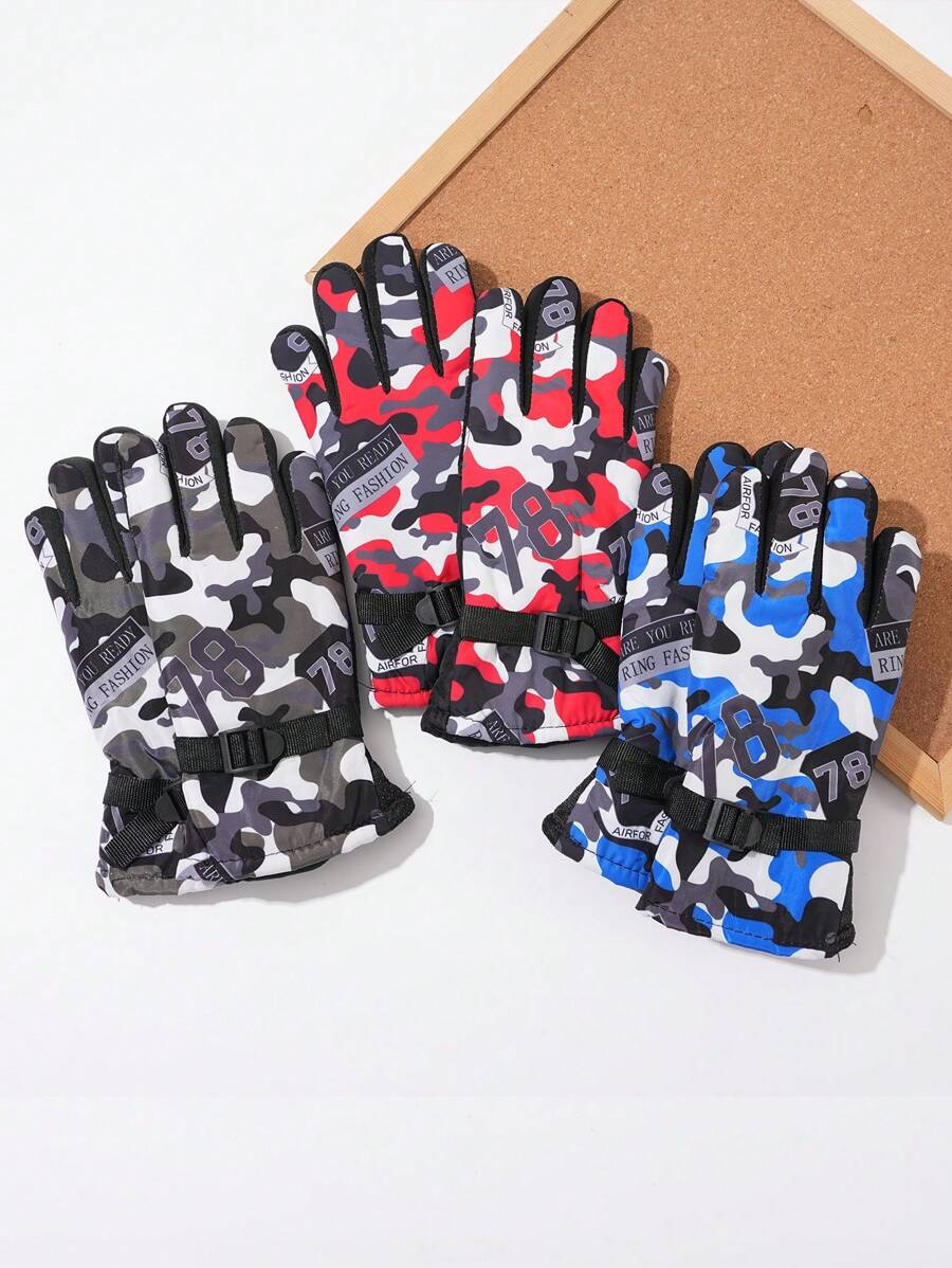 藍色秋/冬兒童防風時尚手套,男女適用,迷彩滑雪厚保暖毛絨手套 - 寶藍色 - 查看 1