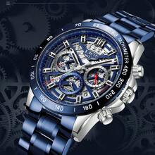 LIGE 新款镂空手表男孩顶级品牌奢华男孩手表防水运动石英计时腕表 - 黑色 - 查看 3