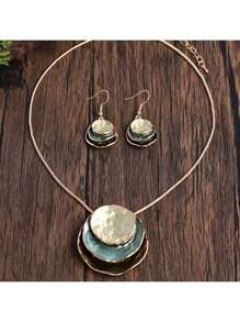 1 Set (2pcs Earrings & 1pc Necklace) Bohemian Style Three Layers Round Enamel Zinc Alloy Jewelry Set, Perfect Match For Daily Outfits Of Lovely And Elegant Women And Girlfiends - Geometry - View 15