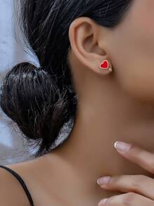 1pair Oil Droplets Heart Shaped Pendant Elegant & Sophisticated Clip-On Earrings - Red - View 2