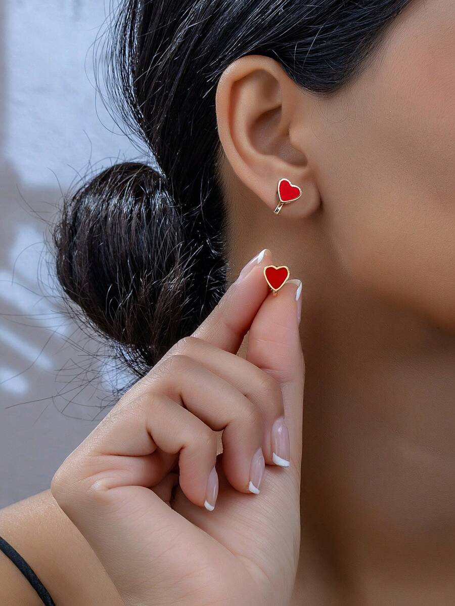 1pair Oil Droplets Heart Shaped Pendant Elegant & Sophisticated Clip-On Earrings - Red - View 1