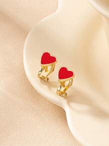 1pair Oil Droplets Heart Shaped Pendant Elegant & Sophisticated Clip-On Earrings - Red - View 3