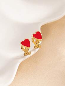 1pair Oil Droplets Heart Shaped Pendant Elegant & Sophisticated Clip-On Earrings - Red - View 6