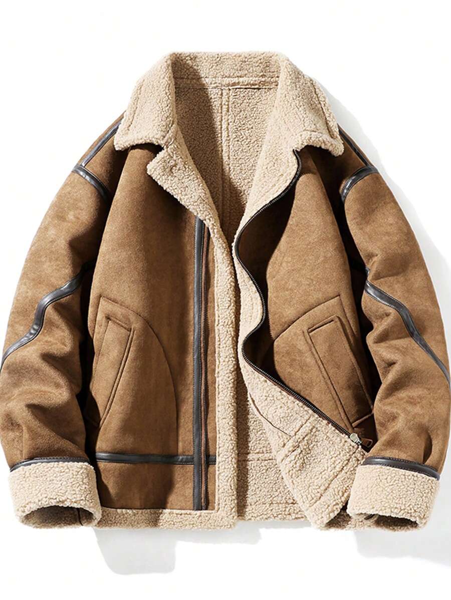 男士加厚絨面冬季戶外夾克,香港風格設計 - 棕色 - 查看 1