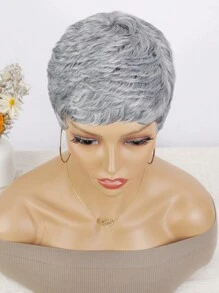 小精靈剪髮假髮合成短精靈剪髮假髮帶瀏海無膠分層合成假髮女式波浪灰色至黑色假髮 - 銀色 - 查看 2