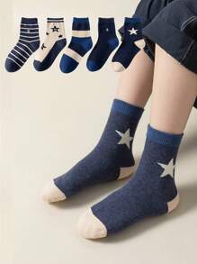 5pairs Children's Boys' Star Design Dark Colored Striped Socks For Autumn And Winter - Multicolor - View 1