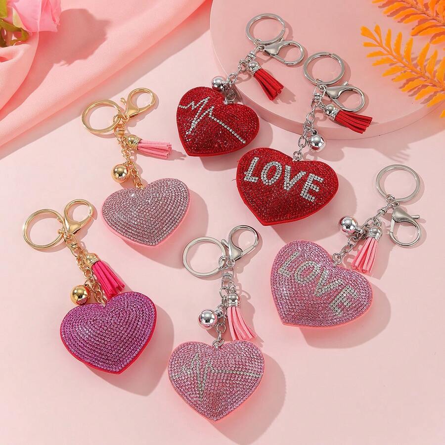 1 件心形热水钻 PU 皮革钥匙扣、流苏钥匙扣吊坠、镶嵌水钻钥匙扣、闪光水钻天鹅绒钥匙扣，送给女朋友的礼物。 - 紅色 - 查看 1