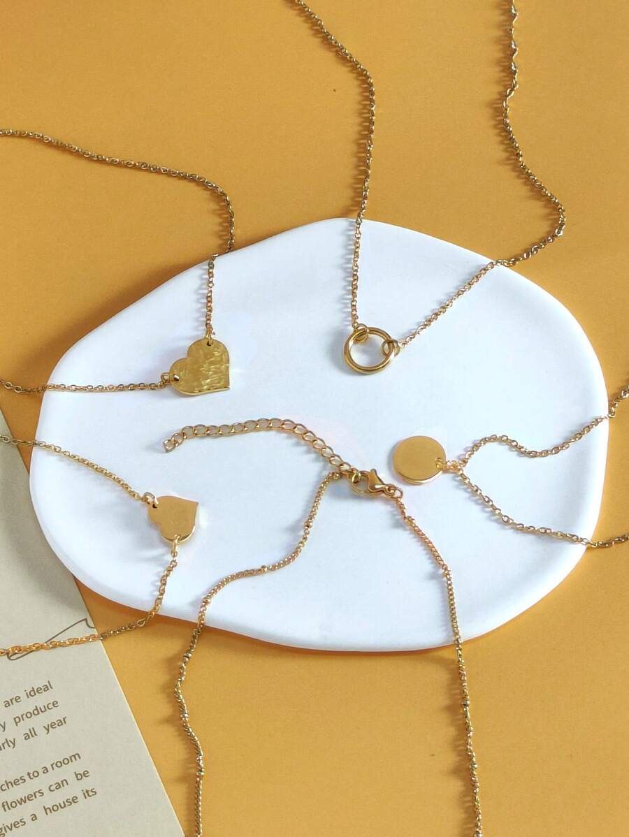 2入組/件簡約時尚304不銹鋼14k金雙層心形&圓形紋理吊墜項鍊,適合女性日常穿著和聚會,珠寶禮物 - 心/2pcs - 查看 1