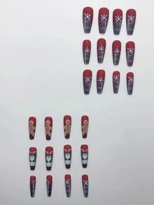 24 片適合舞會穿著的長棺材形企鵝紅假指甲增強您的魅力,附贈 1 片果凍膠和 1 個銼刀 - 彩色 - 查看 3