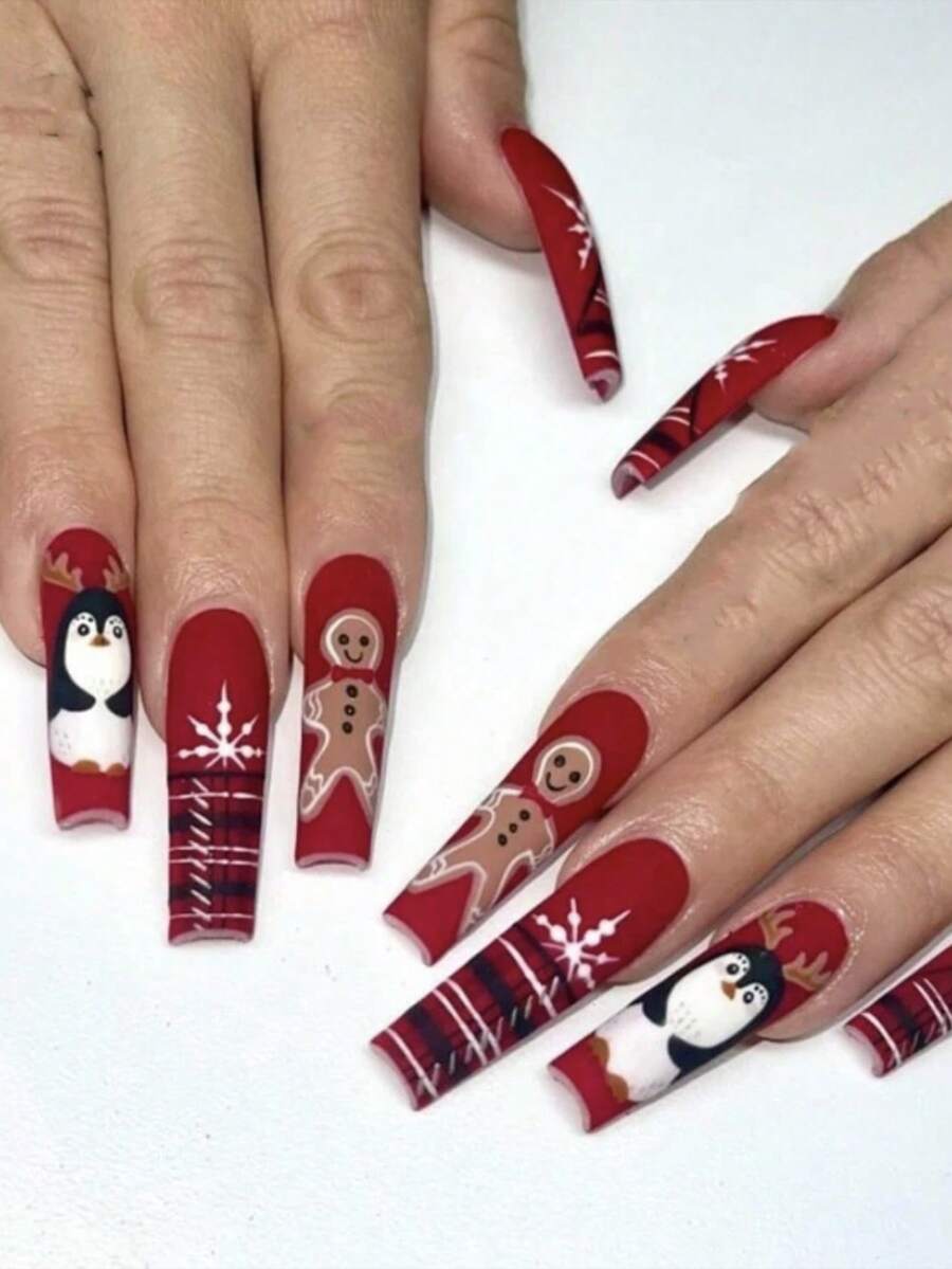 24 片適合舞會穿著的長棺材形企鵝紅假指甲增強您的魅力,附贈 1 片果凍膠和 1 個銼刀 - 彩色 - 查看 1