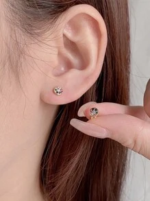 HuooNew 1對歐美風格925純銀鍍鈦鋯石圓形嵌入式耳環,男女均適用,日常穿戴 - 金黃色 - 查看 2