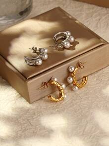 1 對時尚不鏽鋼珍珠鑲嵌耳環,奢華高端女裝時尚 18k 金色耳飾,銀色 - 銀色 - 查看 2