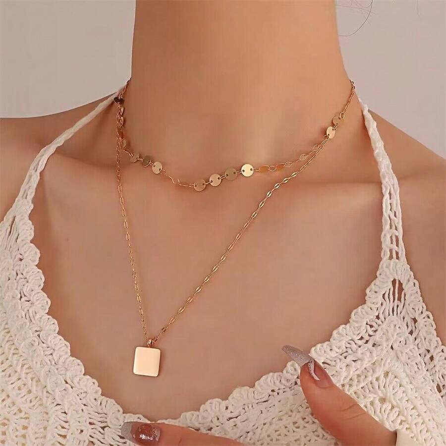 1入時尚豪華的18k鍍金不鏽鋼幾何正方形吊墜,分層設計,適合女性日常佩戴 - 幾何方塊吊墜項鍊 - 查看 1