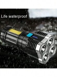1pc Rechargeable Led Flashlight, Waterproof Strong Light Flash Light 4*LED, Battery Display, COB Side Light,Outdoor Multifunctional Portable Household Flashlight For Emergency, Hiking Camping