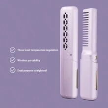 New 2-In-1 Wireless Hair Straightener & Curling Iron With Temperature Display, Portable, Usb Charging, Ion Hair Care, 1pc - Purple - View 1