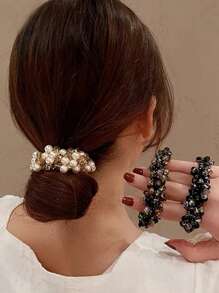 派对单件装女士多色仿珍珠水钻串珠发圈、腕带、奢华风格手链发圈、发饰、马尾辫、发圈、发绳、发绳、马尾辫发圈、发圈头饰 - 黑色 - 查看 5