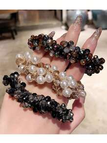 派对单件装女士多色仿珍珠水钻串珠发圈、腕带、奢华风格手链发圈、发饰、马尾辫、发圈、发绳、发绳、马尾辫发圈、发圈头饰 - 黑色 - 查看 6