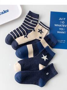5pairs Children's Boys' Star Design Dark Colored Striped Socks For Autumn And Winter - Multicolor - View 2
