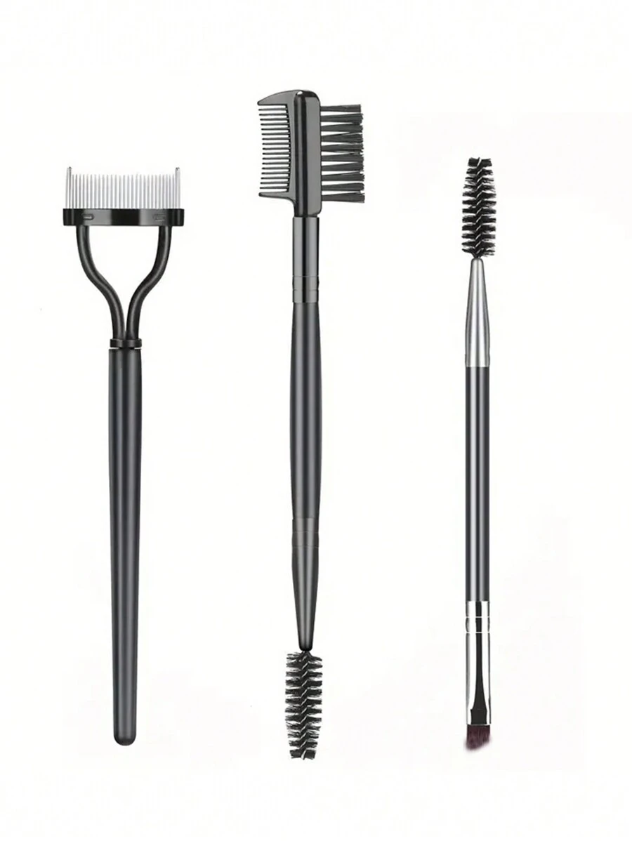 眼部化妝工具套裝,3 件組專業睫毛夾和眼部化妝刷,包括 1 件雙頭眉刷、1 件雙頭睫毛夾和 1 件睫毛梳護罩 - 黑色 - 查看 1