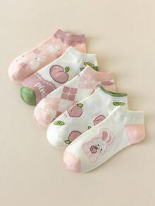 5雙/套女士春秋季卡通可愛兔子/桃子/格子圖案時尚、萬用、舒適透氣的粉色短襪 - 彩色 - 查看 2