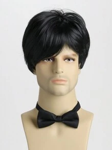 Men'S Short And Straight Black Synthetic Wig, 10 Inches Long With A Side-Swept , Suitable For Daily Wear - Black - View 2