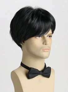 Men'S Short And Straight Black Synthetic Wig, 10 Inches Long With A Side-Swept , Suitable For Daily Wear - Black - View 3