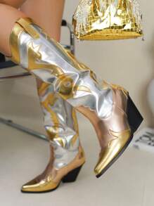 Juliana Metallic Colorblock Western Cowboy Boots - Vàng - Xem 5