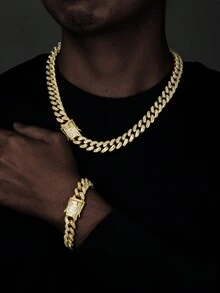 1套金色嬉哈閃亮水鑽18k鍍金13毫米邁阿密粗項鍊手鍊套裝,適用於情侶、男女之間的搭配,日常、街頭風格、夜店、假日、休閒穿著,新年、聖誕、情人節禮物,男女朋友、情侶的新年禮物,西岸黑幫、饒舌歌手名人風格的珠寶飾品 - 金黃色 - 查看 1