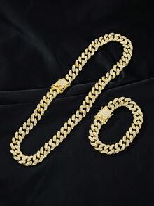 1套金色嬉哈閃亮水鑽18k鍍金13毫米邁阿密粗項鍊手鍊套裝,適用於情侶、男女之間的搭配,日常、街頭風格、夜店、假日、休閒穿著,新年、聖誕、情人節禮物,男女朋友、情侶的新年禮物,西岸黑幫、饒舌歌手名人風格的珠寶飾品 - 金黃色 - 查看 3