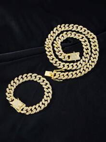 1套金色嬉哈閃亮水鑽18k鍍金13毫米邁阿密粗項鍊手鍊套裝,適用於情侶、男女之間的搭配,日常、街頭風格、夜店、假日、休閒穿著,新年、聖誕、情人節禮物,男女朋友、情侶的新年禮物,西岸黑幫、饒舌歌手名人風格的珠寶飾品 - 金黃色 - 查看 4